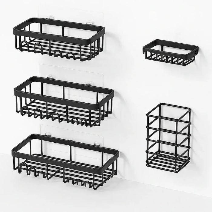 Set of wall-mounted black metal shower shelves with adhesive backing, ideal for organizing bathroom essentials like soap, bottles, and toothbrushes in a modern minimalist space