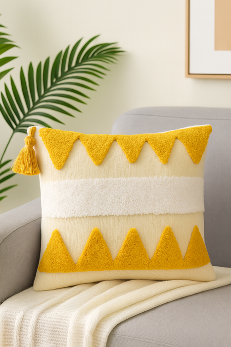 Boho Chic Yellow and White Decorative Pillow Cover – Handwoven Tassel Design