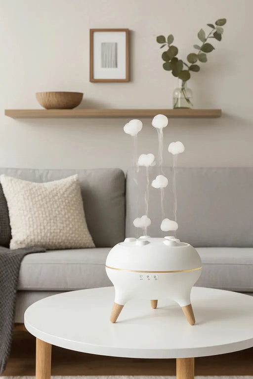 Smart ultrasonic humidifier with cloud-shaped mist, designed for modern interiors. Stylish and quiet aroma diffuser ideal for bedrooms, living rooms, or offices.