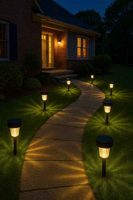 Pathway illuminated by solar-powered outdoor lights in front of a house at night.