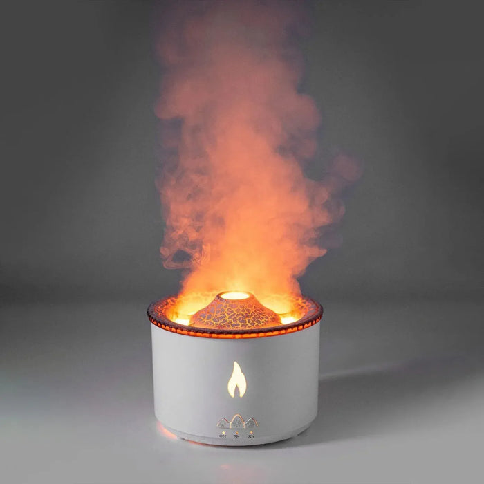 modern Volcano Flame Diffuser with ultrasonic aromatherapy mist and realistic firelight effect, designed for stress relief and home relaxation.