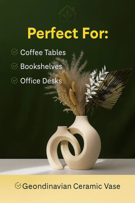 Minimalist round ceramic vase set with abstract sculptural shapes, displayed with colorful fresh flowers on a wooden patio table in a natural outdoor setting