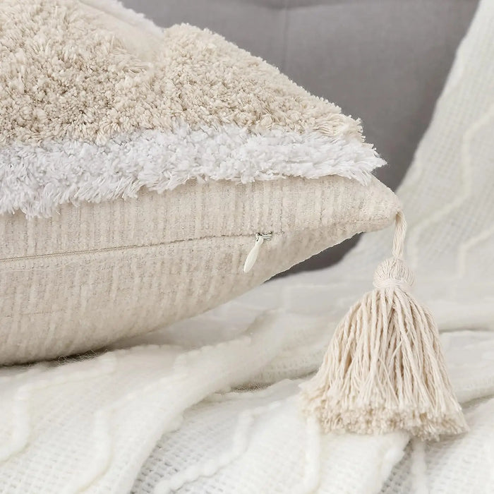 Boho Chic Yellow and White Decorative Pillow Cover – Handwoven Tassel Design