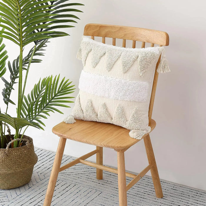 Boho Chic Yellow and White Decorative Pillow Cover – Handwoven Tassel Design