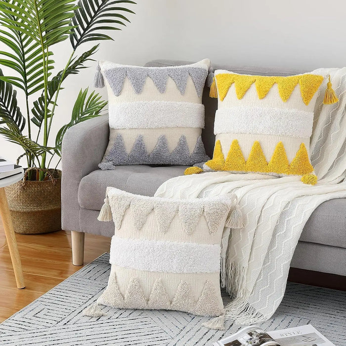 Boho Chic Yellow and White Decorative Pillow Cover – Handwoven Tassel Design