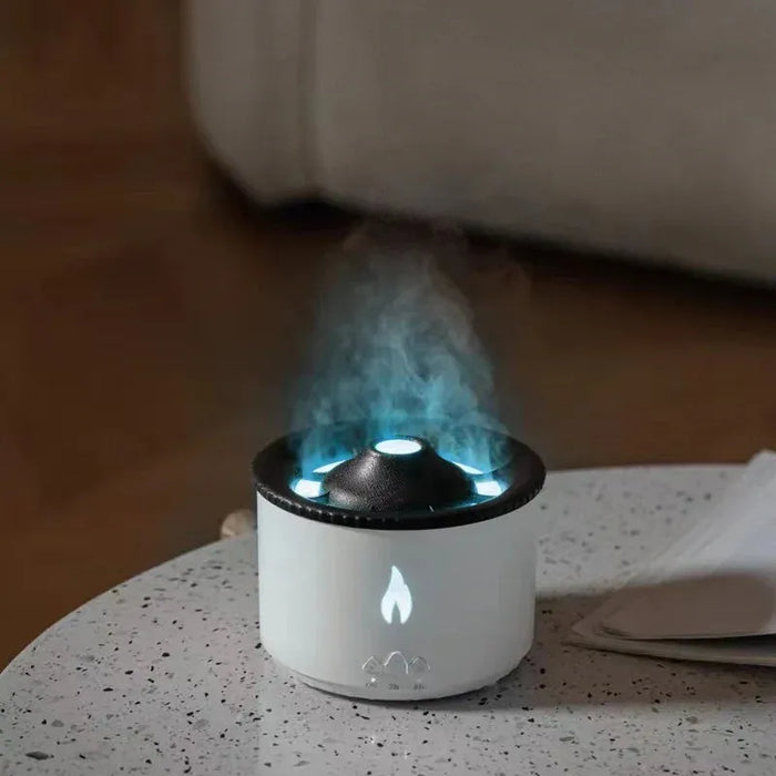 modern Volcano Flame Diffuser with ultrasonic aromatherapy mist and realistic firelight effect, designed for stress relief and home relaxation.