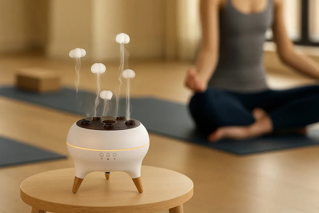 Smart ultrasonic humidifier with cloud-shaped mist, designed for modern interiors. Stylish and quiet aroma diffuser ideal for bedrooms, living rooms, or offices.