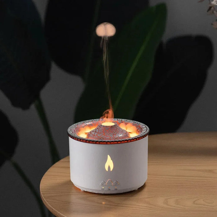 modern Volcano Flame Diffuser with ultrasonic aromatherapy mist and realistic firelight effect, designed for stress relief and home relaxation.