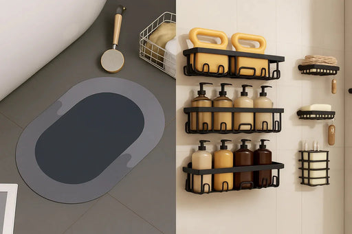 Complete Shower Set with Anti-Slip Mat & Wall Organizer – Stay safe, dry, and organized every day with this modern, space-saving bathroom essential.