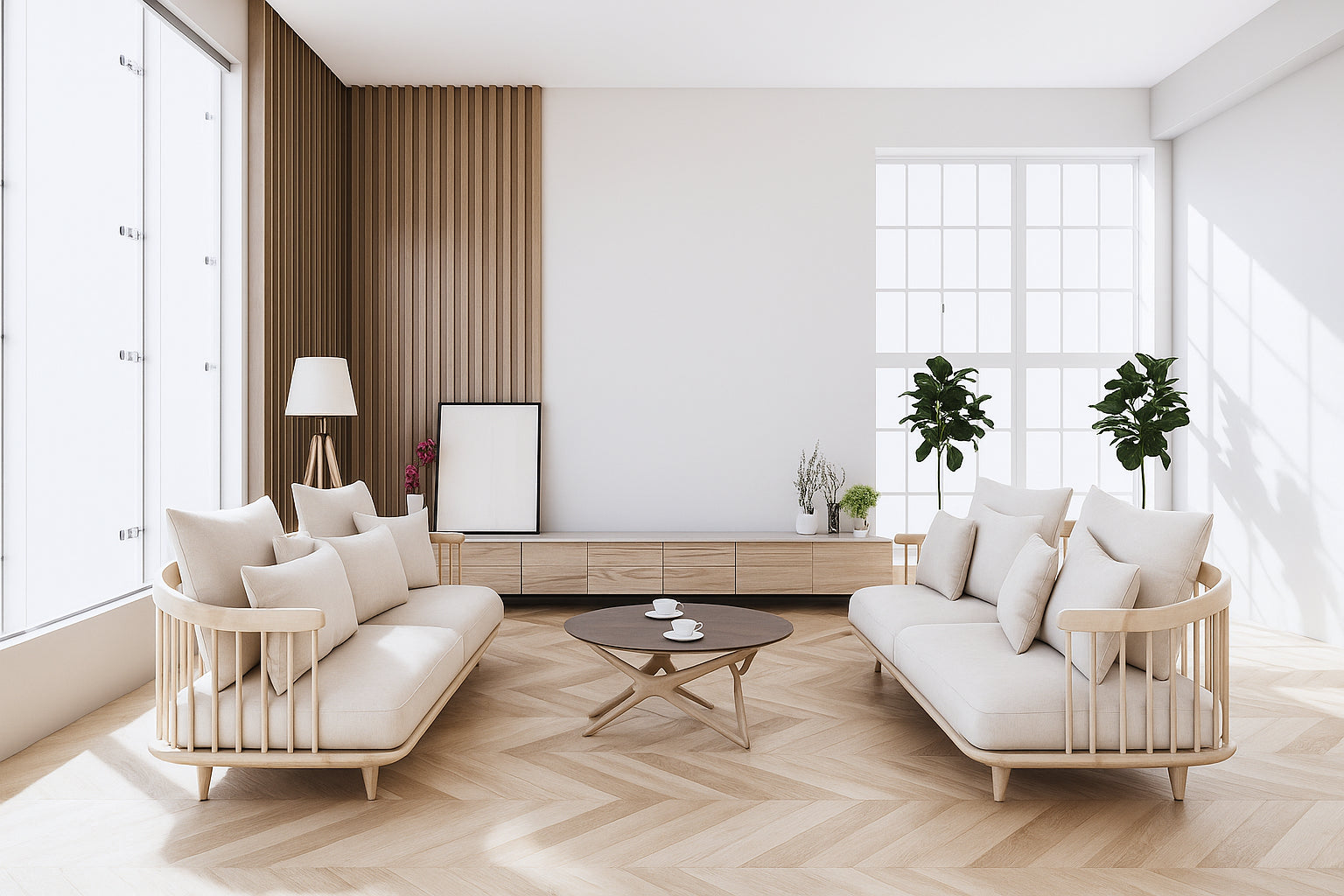 Modern living room with white sofas, wooden coffee table, and large windows.