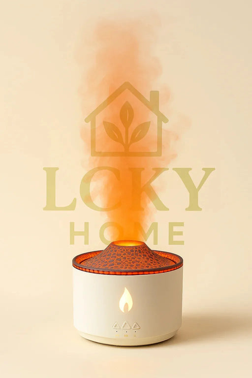 Modern Volcano Flame Diffuser with ultrasonic aromatherapy mist and realistic firelight effect, designed for stress relief and home relaxation.

