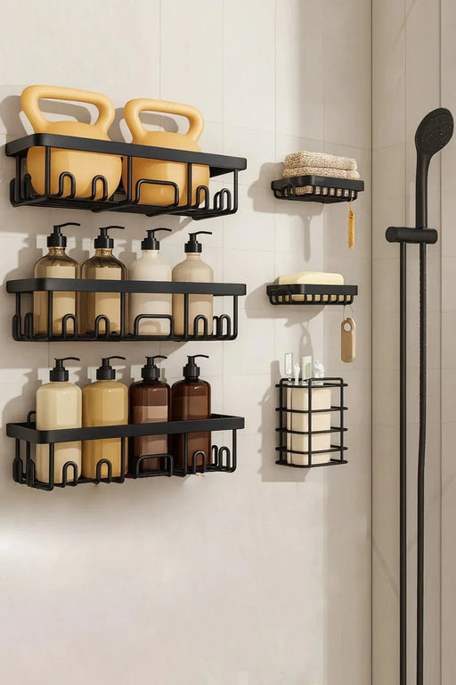 Modern black metal wall-mounted bathroom shelves with bottles, soap, towels, and toothbrush holders organized neatly in a minimalist shower space.